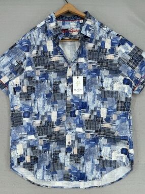 Robert Graham Blue Patchwork Print Canberra Short-Sleeve Button-Down Shirt